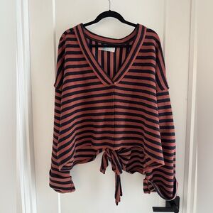 Free People Alyria Striped Cropped tie back v neck pullover in Rust and navy